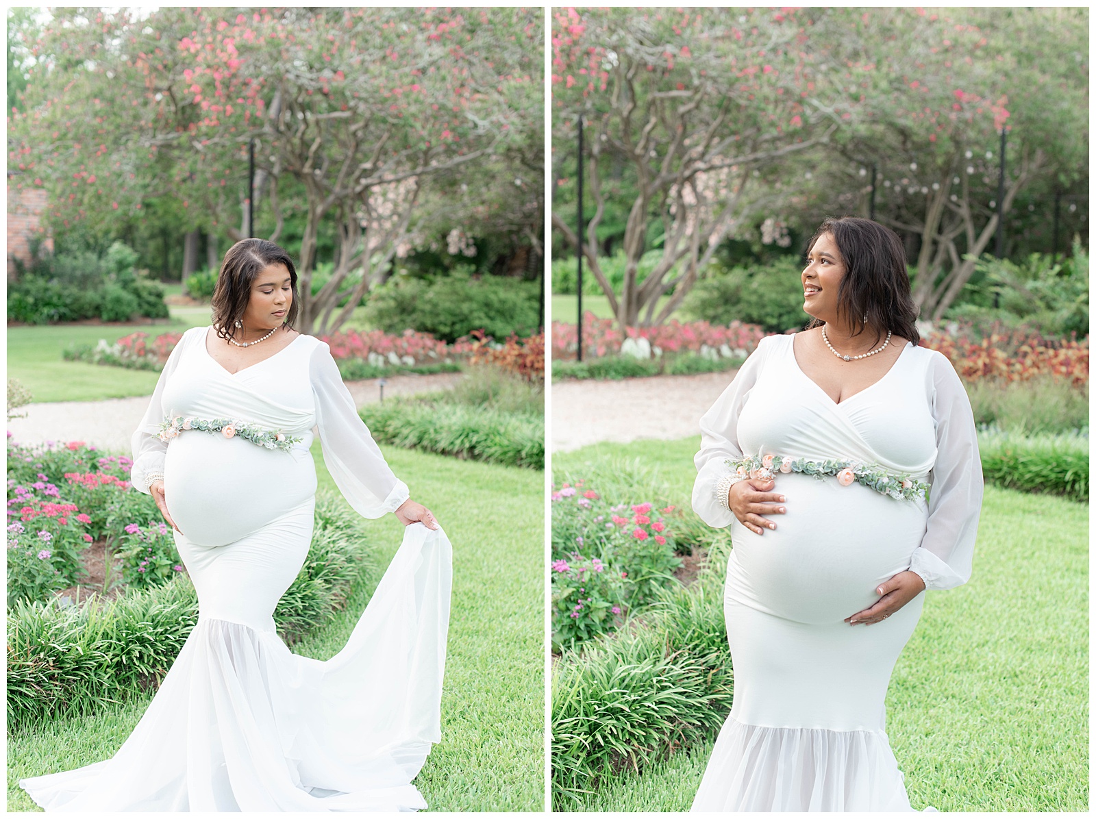 mom holds dress in Orangerie gardens at Burden Center