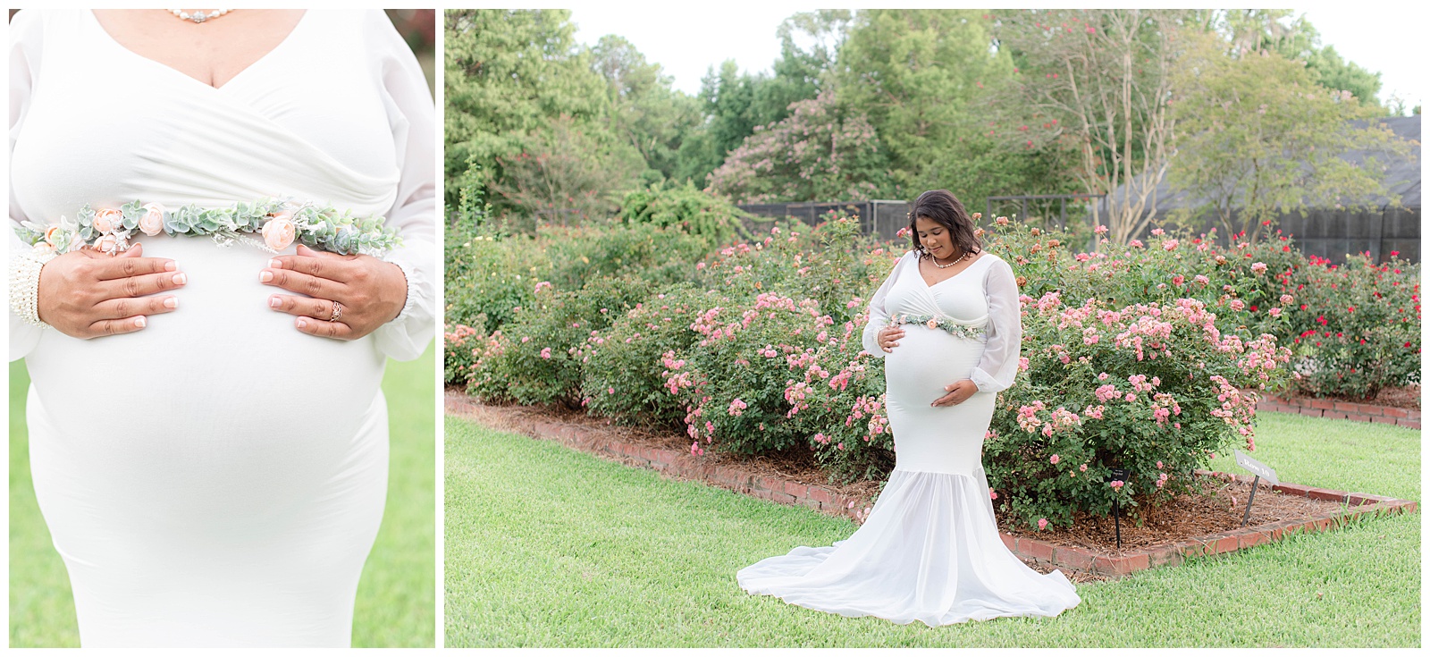 mom holds belly during maternity session in the rose garden at Burden Center