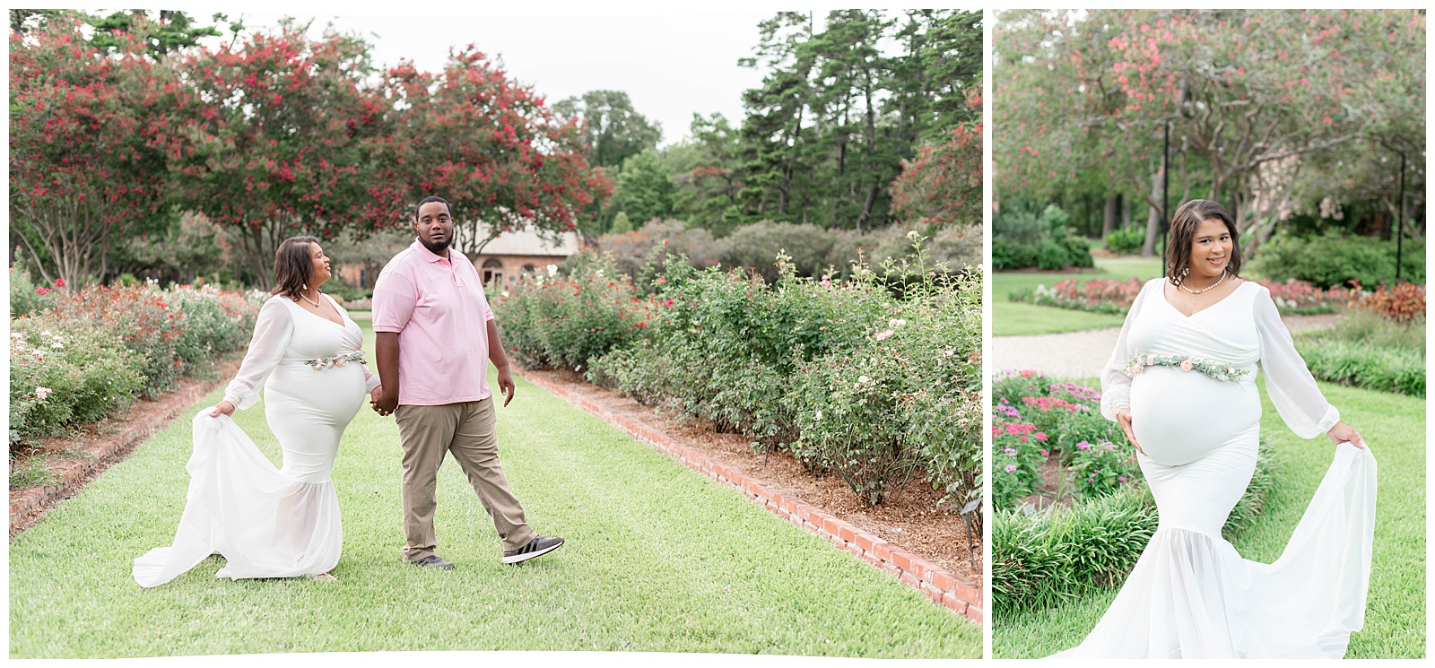 mom and dad walk together in the rose garden at Burden Center