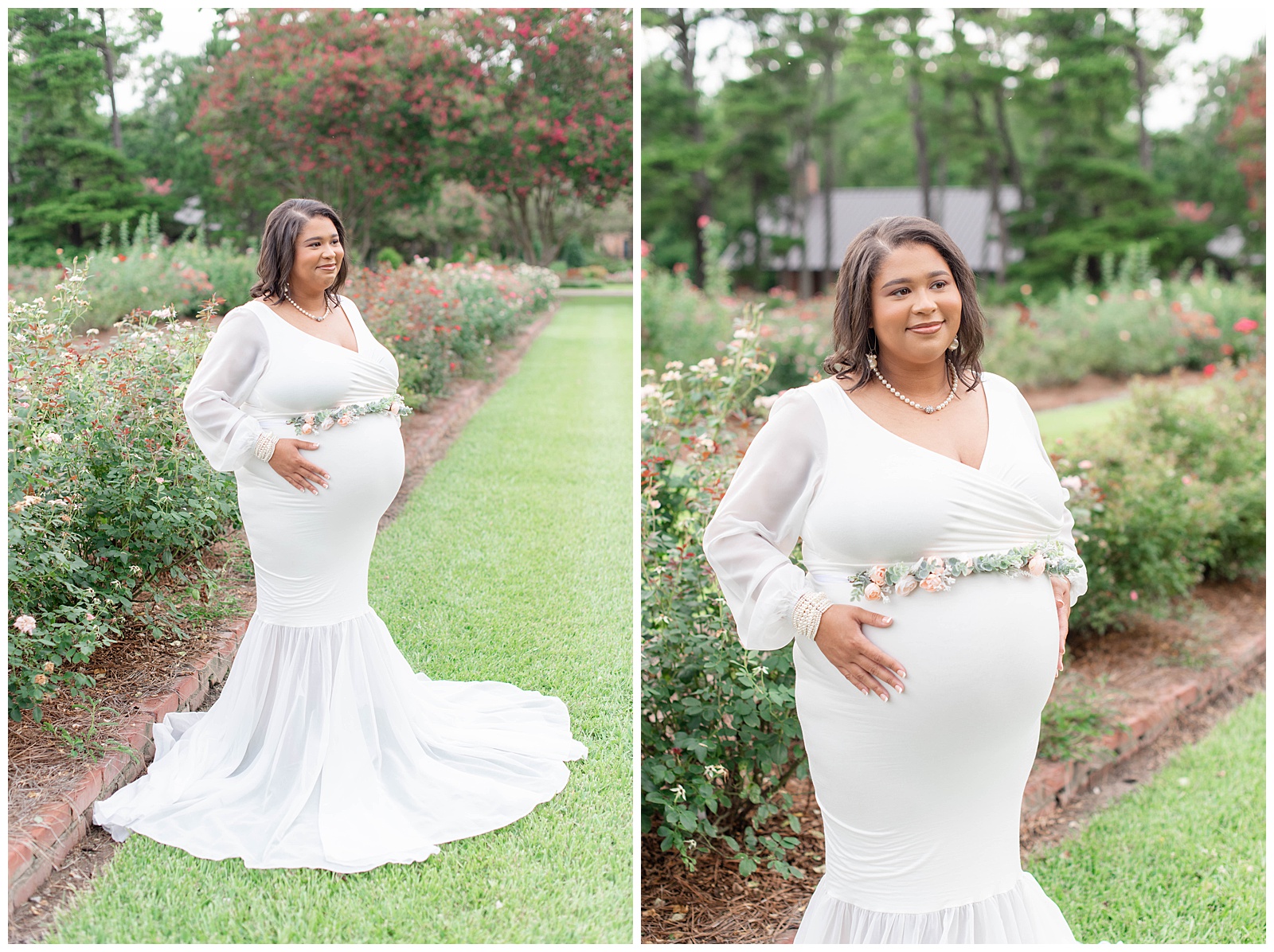 wife smiles at husband in the rose garden at Burden Center