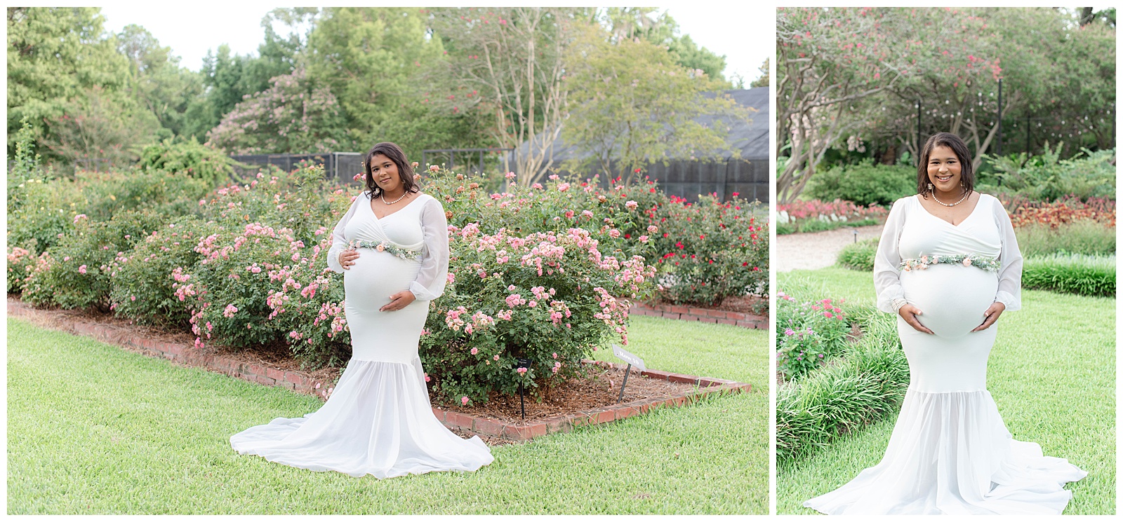 mom rubs belly in rose garden at Burden Center