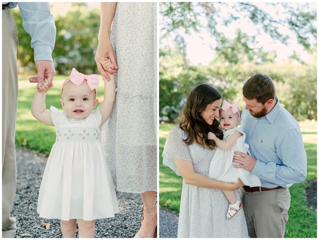 Baton Rouge Newborn Photographer - baby girl stands in between mom and dad holding hands