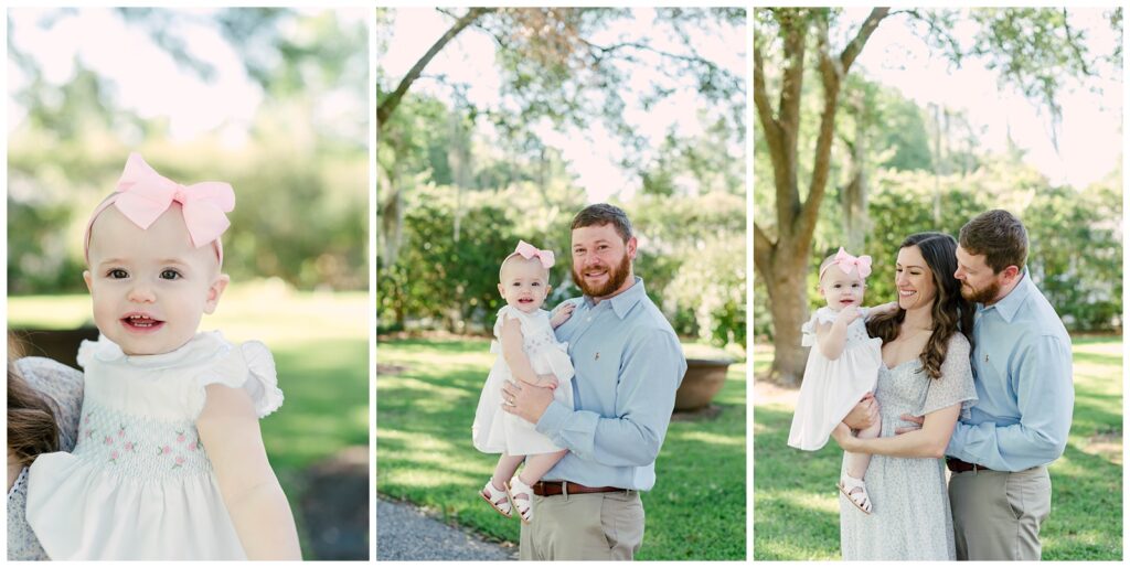 Baton Rouge Newborn Photographer - picture series of baby in moms are, dad holding baby and both parent with little girl