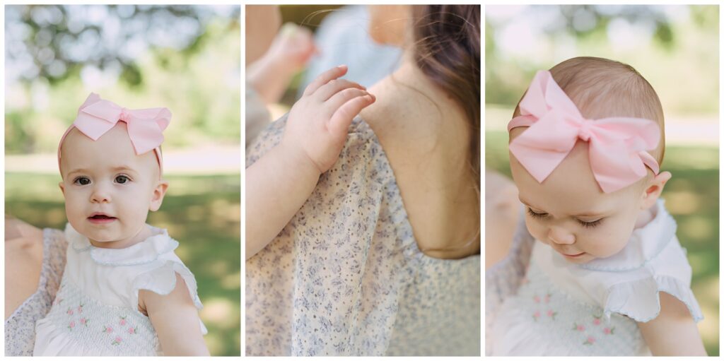 Baton Rouge Newborn Photographer - close ups hots of baby girls face, bow and fingers on moms shoulder