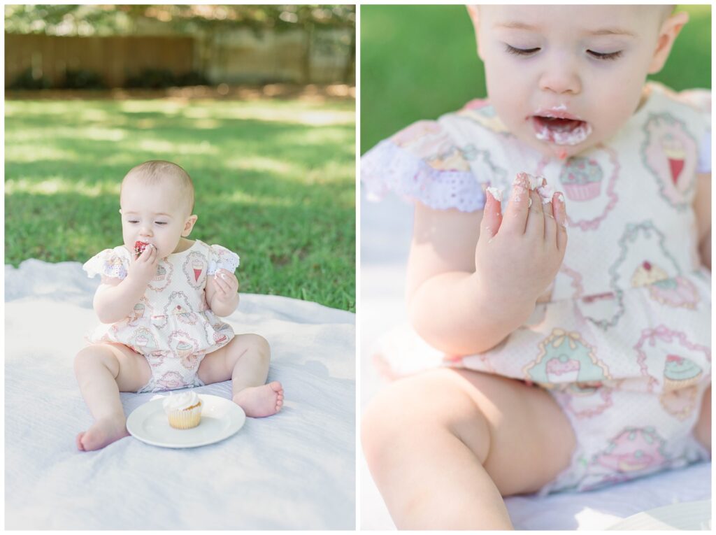 Baton Rouge Newborn Photographer - baby girl has icing on her fingers from eating cupcake