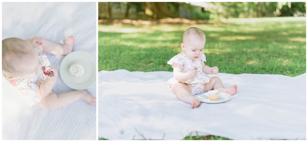 Baton Rouge Newborn Photographer - baby girl eats cupcake sitting on a blanket