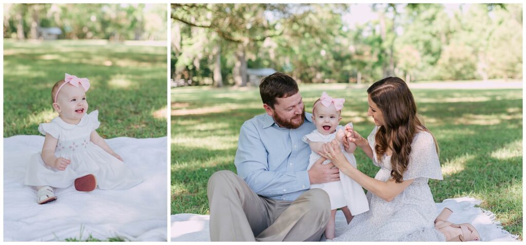 Baton Rouge Newborn Photographer - parents play with baby girl sitting on blanket