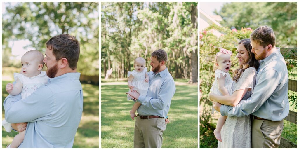 Baton Rouge Newborn Photographer - dad holds baby girl during outdoor milestone session